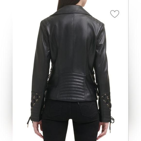 3X GUESS Black and Gold Vegan Leather Zippered Moto Jacket - Picture 3 of 6